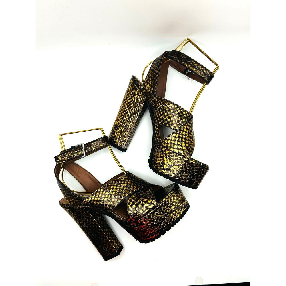 ALAÏA Gold Snakeskin Embossed Leather Platform Sandals Heels Glam Size 36.5